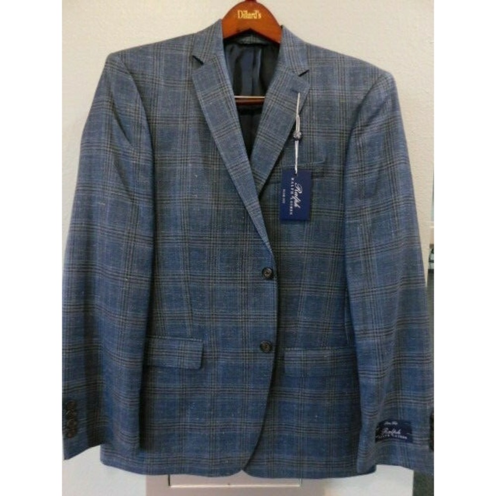 New Ralph Lauren Blazer Men 44R Wool,Silk & Linen BLUE Plaid Coat‎ jacket